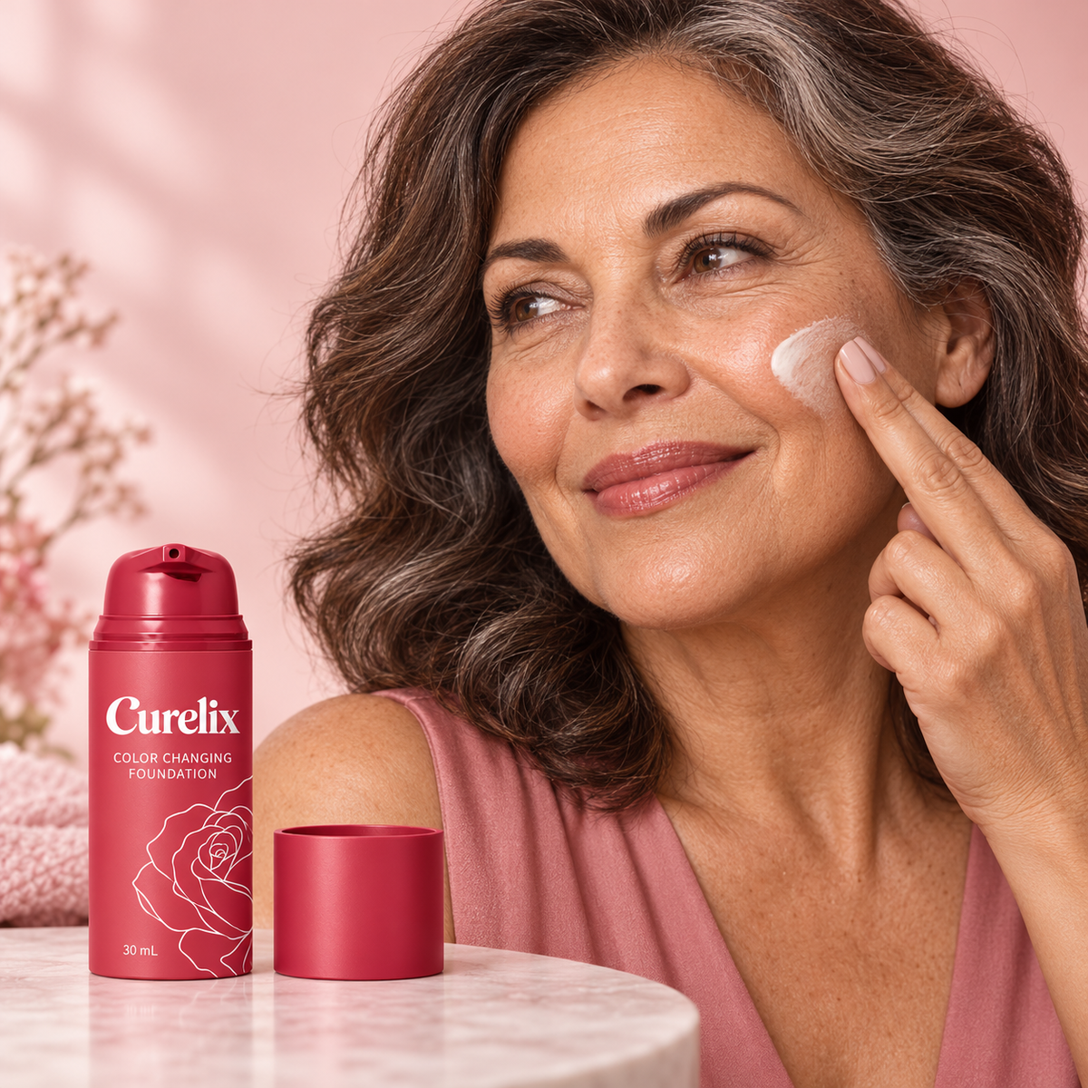 Woman over 50 applying Curelix Color Changing Foundation