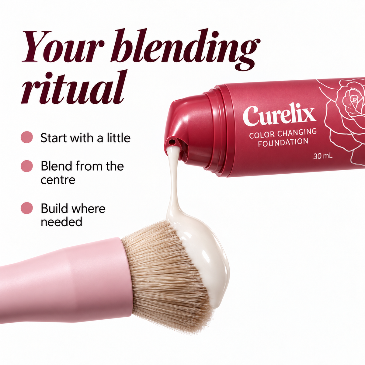 Curelix Color Changing Foundation dispensed onto a foundation brush
