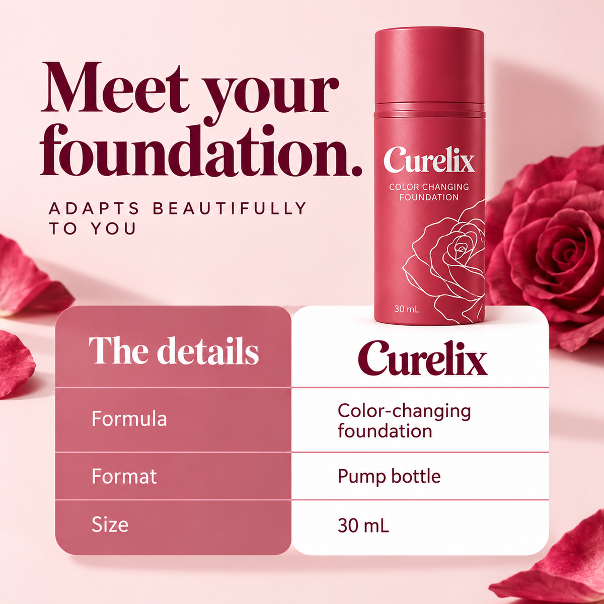 Curelix Color Changing Foundation pump bottle with product details