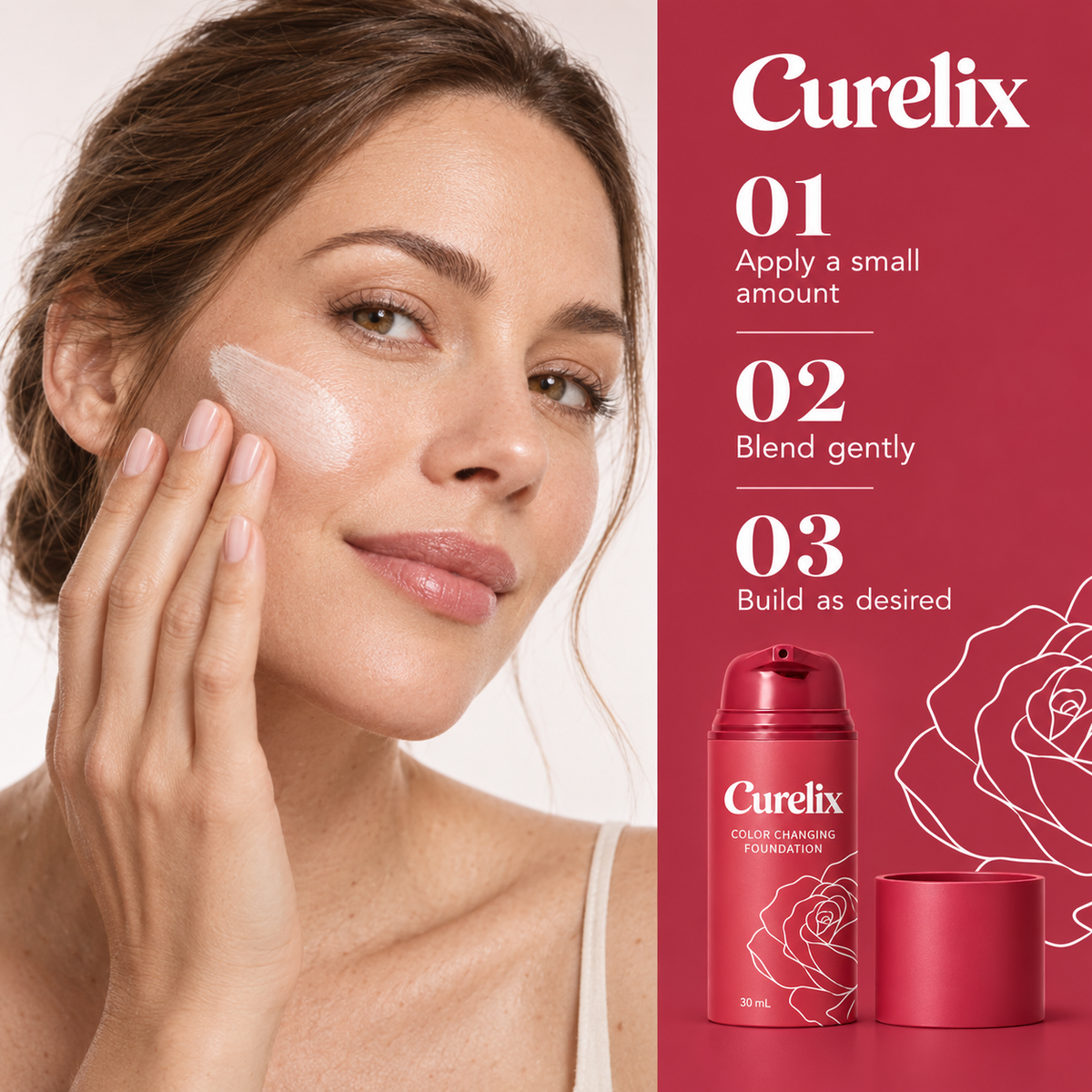 Woman blending Curelix Color Changing Foundation onto her cheek, with three application steps