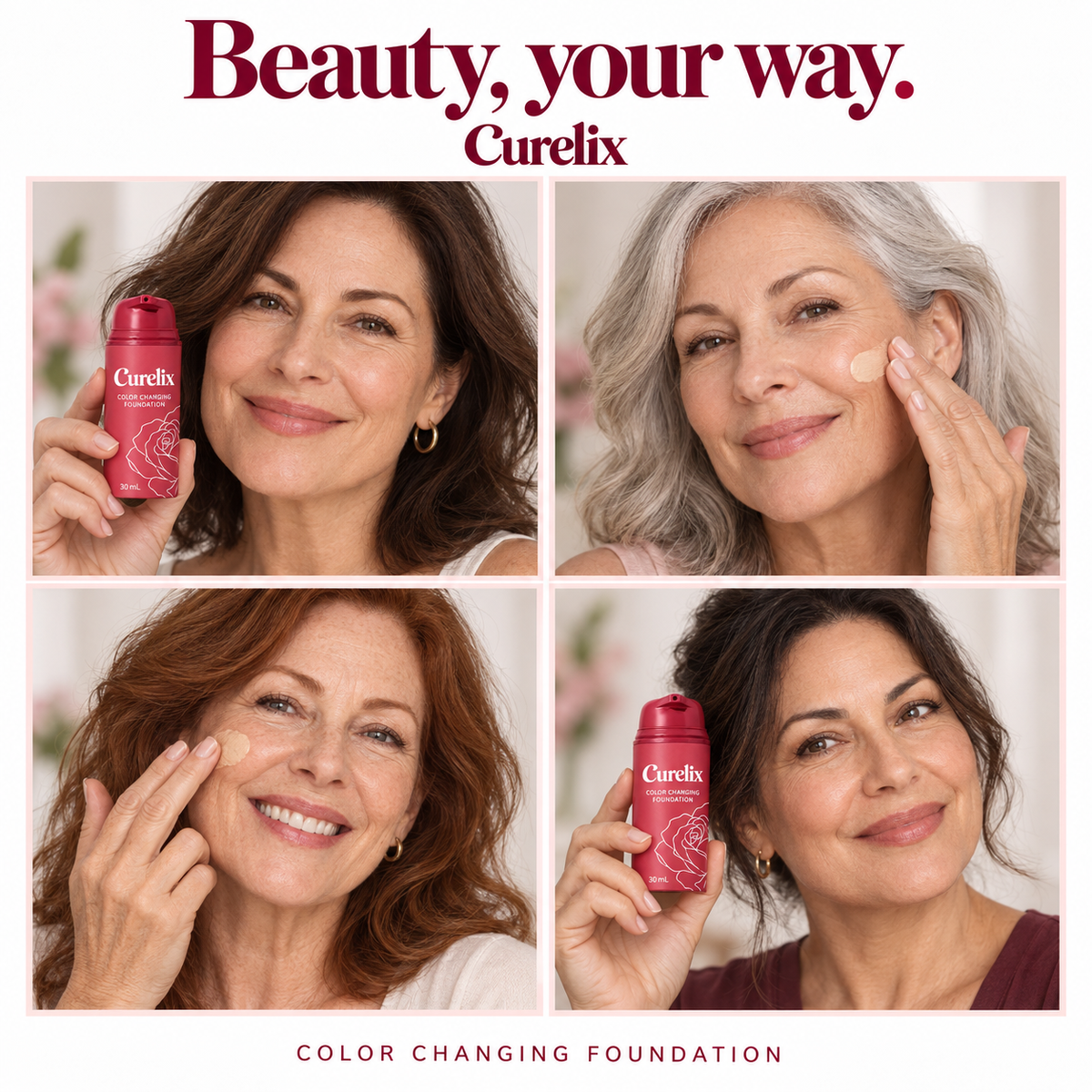 Four women over 50 holding or applying Curelix Color Changing Foundation